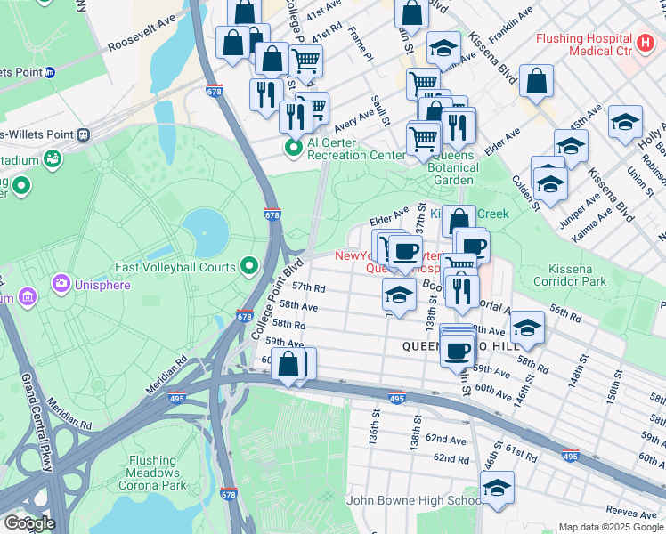 map of restaurants, bars, coffee shops, grocery stores, and more near 132-37 57th Avenue in Queens