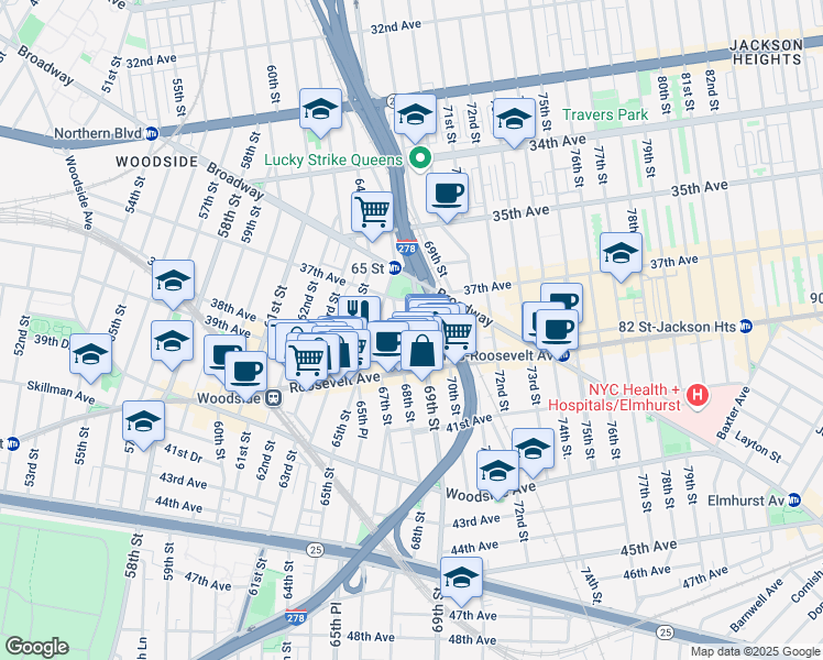 map of restaurants, bars, coffee shops, grocery stores, and more near 68-2 37th Road in Queens