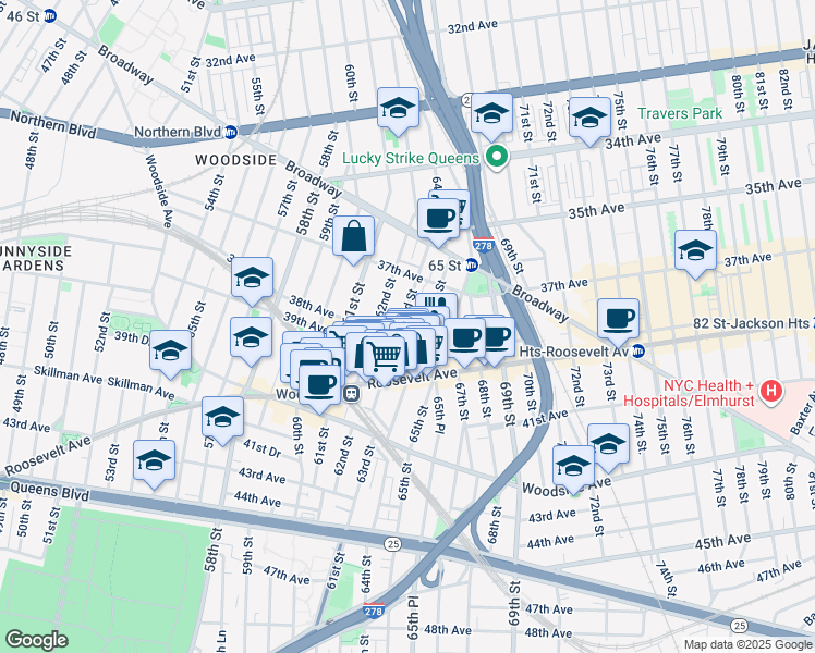 map of restaurants, bars, coffee shops, grocery stores, and more near 37-56 63rd Street in Queens