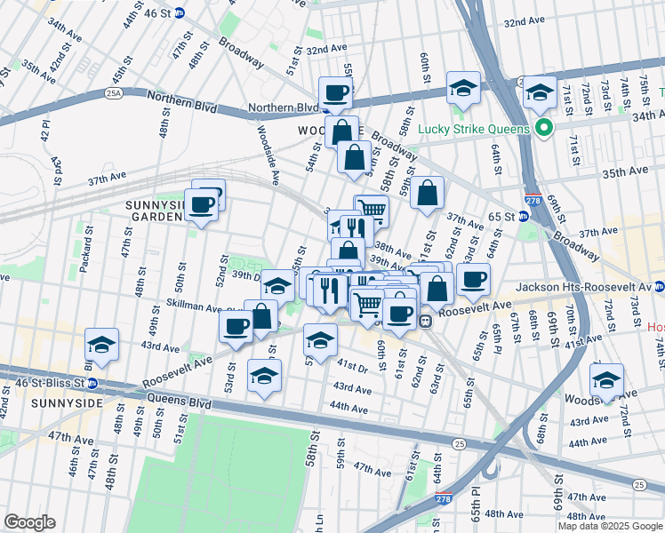 map of restaurants, bars, coffee shops, grocery stores, and more near 39-22 57th Street in Queens