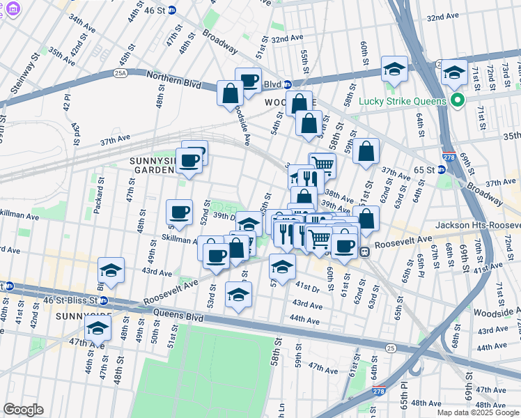 map of restaurants, bars, coffee shops, grocery stores, and more near 3936 56th Street in Queens