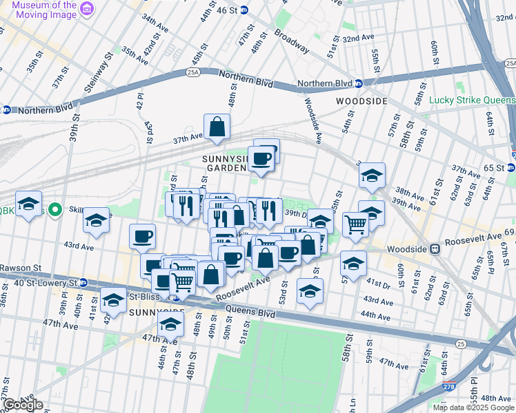 map of restaurants, bars, coffee shops, grocery stores, and more near 39-49 50th Street in Queens