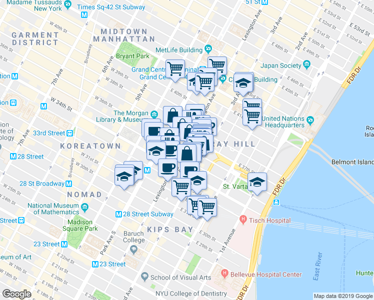 map of restaurants, bars, coffee shops, grocery stores, and more near in New York