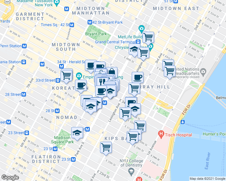 map of restaurants, bars, coffee shops, grocery stores, and more near 10 Park Avenue in New York