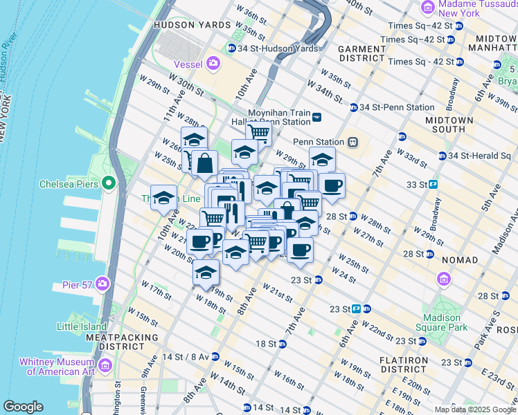 map of restaurants, bars, coffee shops, grocery stores, and more near 372 West 25th Street in New York