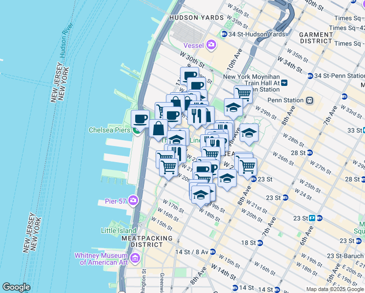 map of restaurants, bars, coffee shops, grocery stores, and more near in New York