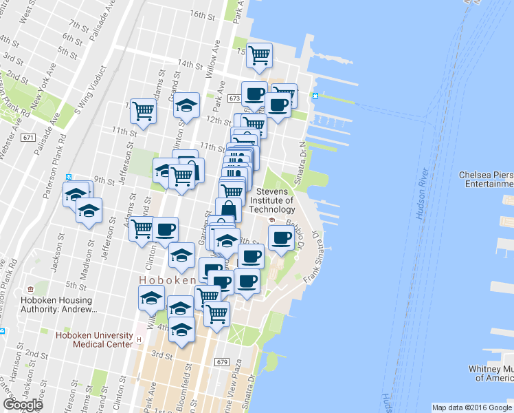 map of restaurants, bars, coffee shops, grocery stores, and more near 913 Hudson Street in Hoboken