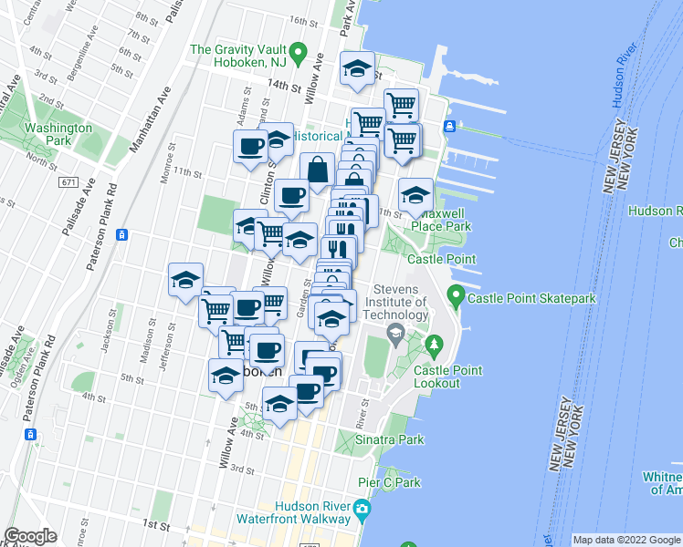 map of restaurants, bars, coffee shops, grocery stores, and more near 902 Washington Street in Hoboken