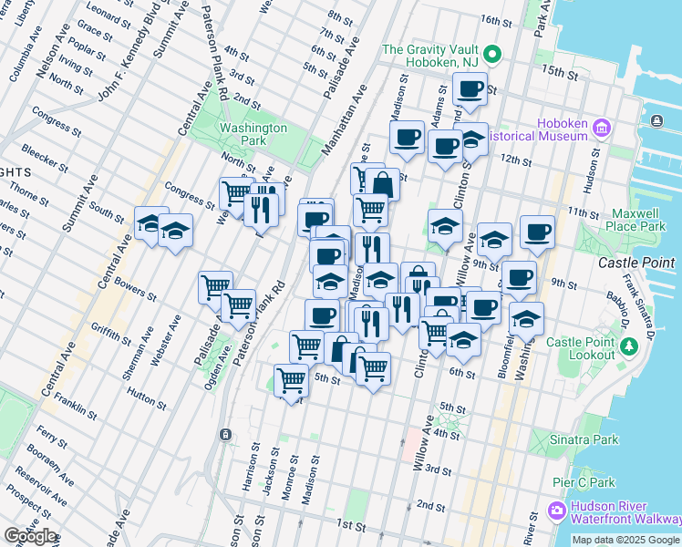 map of restaurants, bars, coffee shops, grocery stores, and more near 716-32 Madison Street in Hoboken