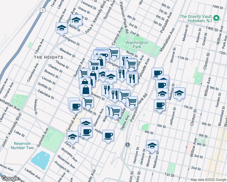 map of restaurants, bars, coffee shops, grocery stores, and more near 263 Webster Avenue in Jersey City