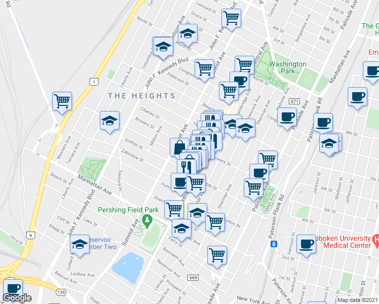 map of restaurants, bars, coffee shops, grocery stores, and more near in Jersey City