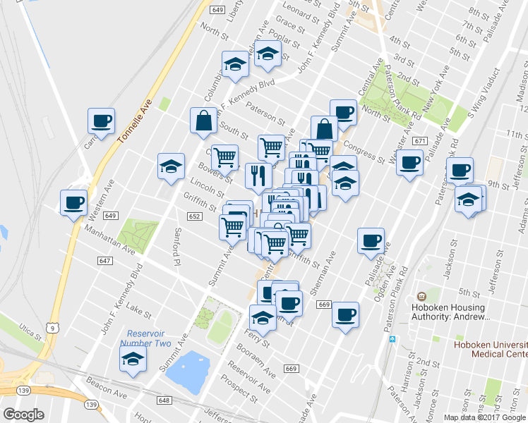 map of restaurants, bars, coffee shops, grocery stores, and more near in Jersey City