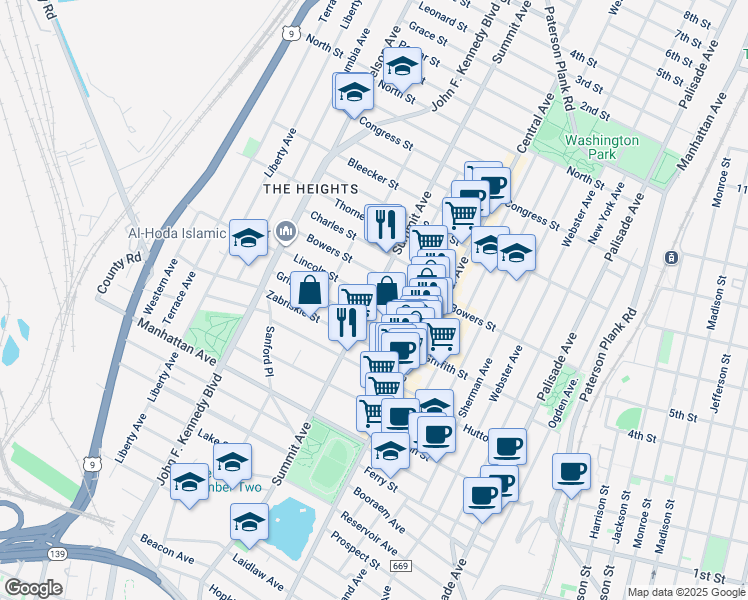 map of restaurants, bars, coffee shops, grocery stores, and more near 65 Lincoln Street in Jersey City