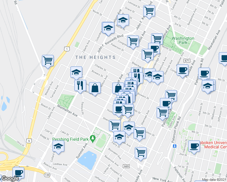 map of restaurants, bars, coffee shops, grocery stores, and more near 65 Lincoln Street in Jersey City