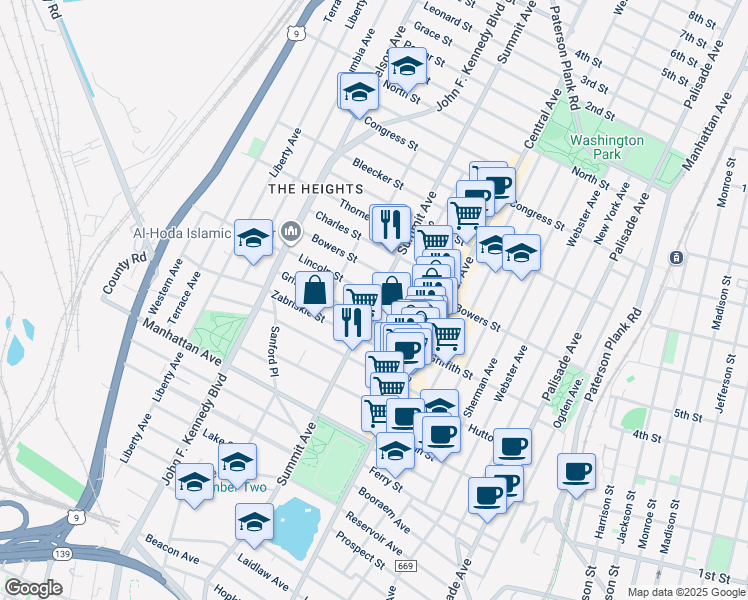 map of restaurants, bars, coffee shops, grocery stores, and more near 65 Lincoln Street in Jersey City