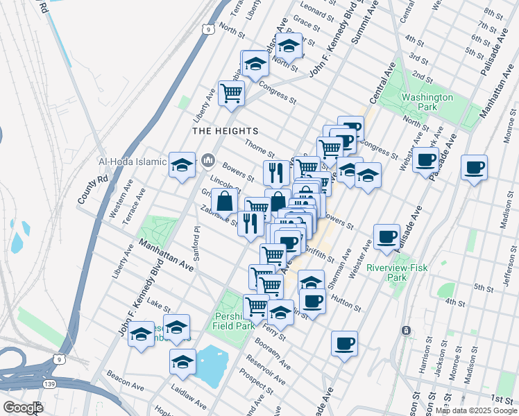 map of restaurants, bars, coffee shops, grocery stores, and more near 65 Lincoln Street in Jersey City