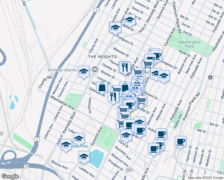 map of restaurants, bars, coffee shops, grocery stores, and more near 65 Lincoln Street in Jersey City