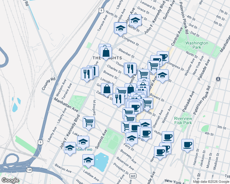map of restaurants, bars, coffee shops, grocery stores, and more near 247 Griffith Street in Jersey City