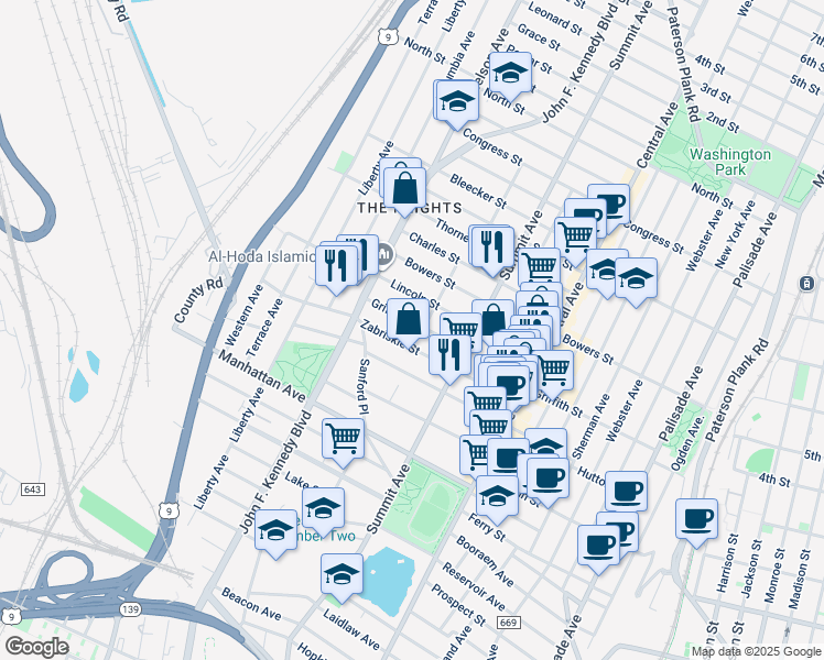map of restaurants, bars, coffee shops, grocery stores, and more near 247 Griffith Street in Jersey City