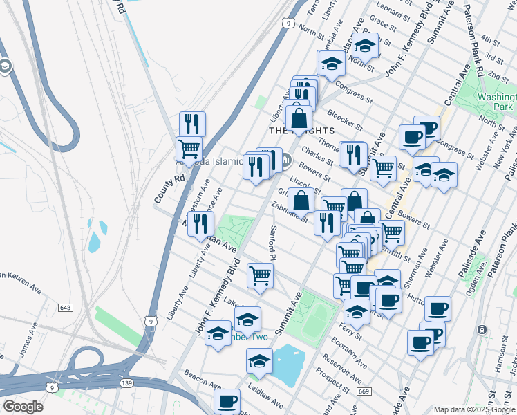 map of restaurants, bars, coffee shops, grocery stores, and more near 3371 John F. Kennedy Boulevard in Union City