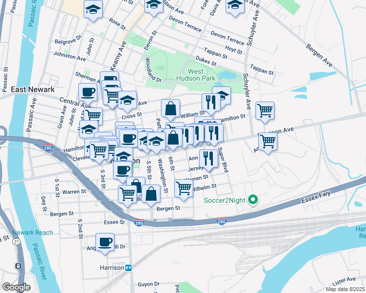 map of restaurants, bars, coffee shops, grocery stores, and more near 612 Harrison Avenue in Harrison