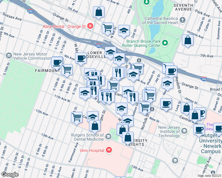 map of restaurants, bars, coffee shops, grocery stores, and more near 53 1st Street in Newark