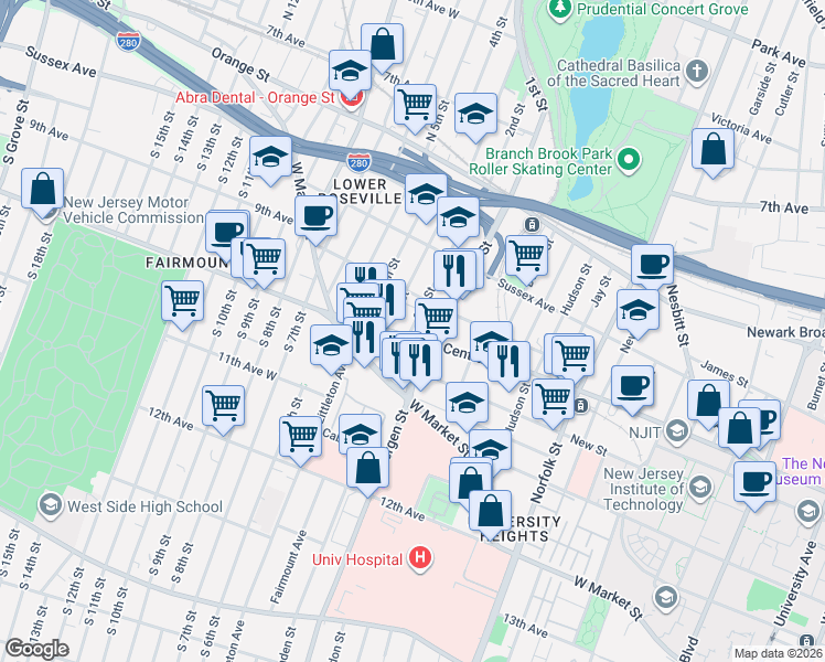 map of restaurants, bars, coffee shops, grocery stores, and more near 421 Central Avenue in Newark