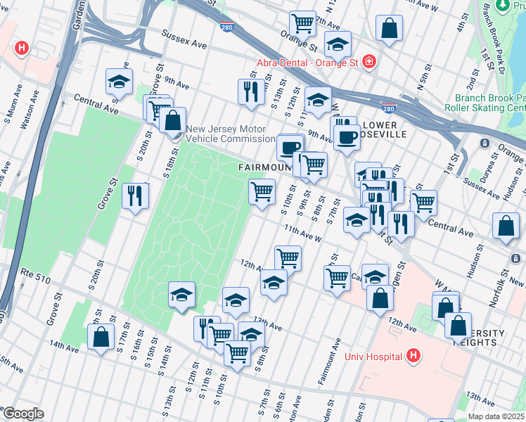 map of restaurants, bars, coffee shops, grocery stores, and more near 133 11th Avenue West in Newark