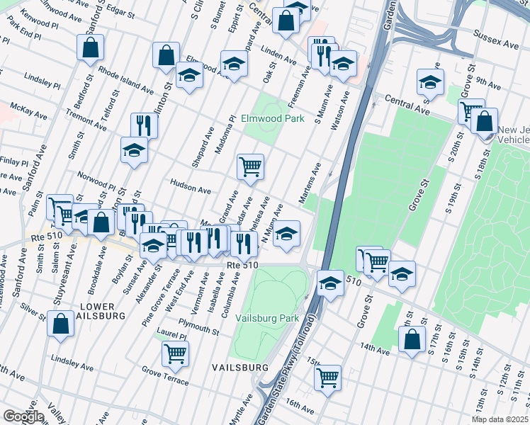 map of restaurants, bars, coffee shops, grocery stores, and more near 71 North Munn Avenue in Newark