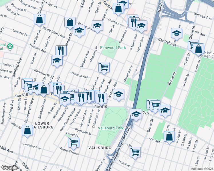 map of restaurants, bars, coffee shops, grocery stores, and more near 71 North Munn Avenue in Newark