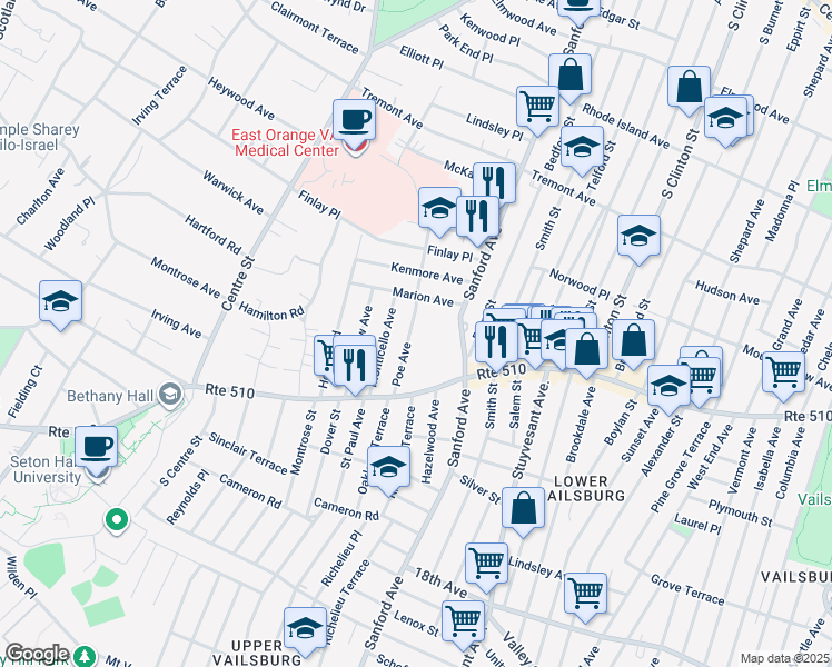 map of restaurants, bars, coffee shops, grocery stores, and more near 54 Poe Avenue in Newark