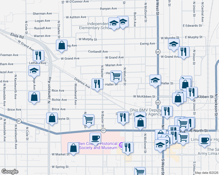 map of restaurants, bars, coffee shops, grocery stores, and more near 551 W Haller St in Lima
