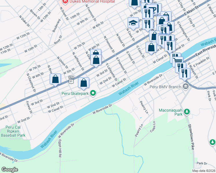 map of restaurants, bars, coffee shops, grocery stores, and more near 250-296 West Canal Street in Peru