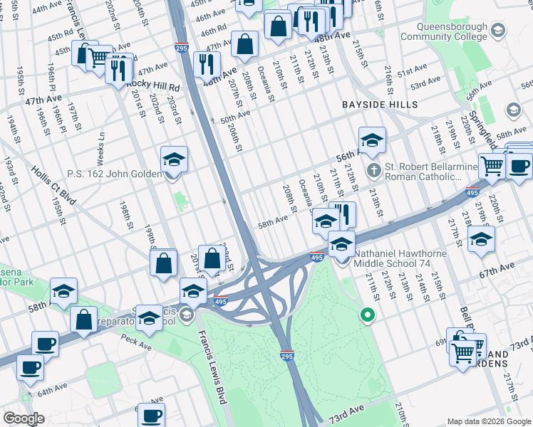 map of restaurants, bars, coffee shops, grocery stores, and more near 56-45 206th Street in Queens
