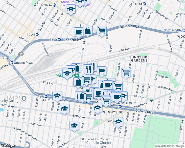 map of restaurants, bars, coffee shops, grocery stores, and more near 40-05 Skillman Avenue in Queens