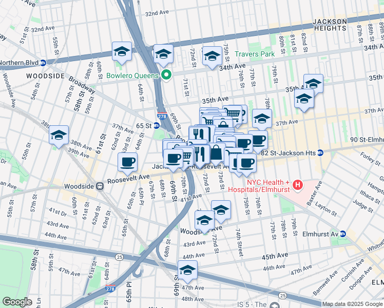 map of restaurants, bars, coffee shops, grocery stores, and more near 6922 Roosevelt Avenue in Queens