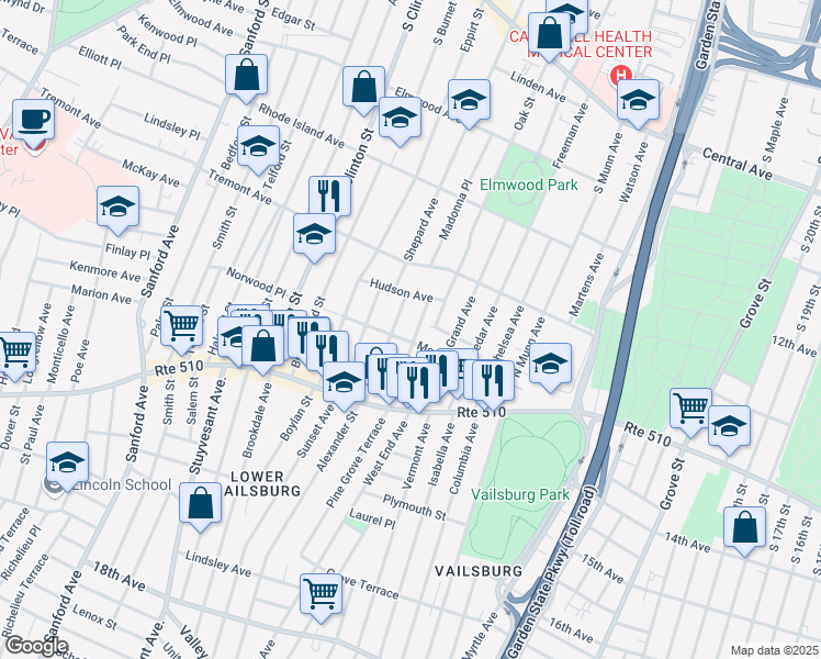 map of restaurants, bars, coffee shops, grocery stores, and more near 33 Arsdale Terrace in East Orange