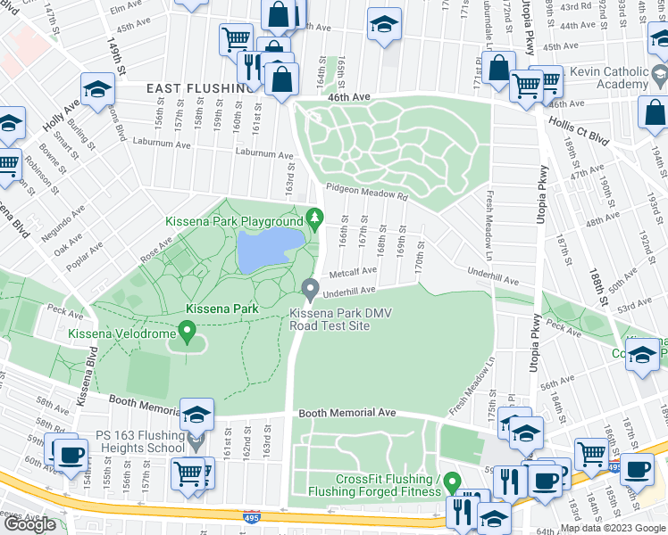 map of restaurants, bars, coffee shops, grocery stores, and more near 49-54 166th Street in Queens