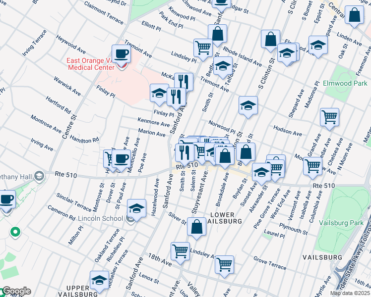 map of restaurants, bars, coffee shops, grocery stores, and more near 133 Smith Street in Newark