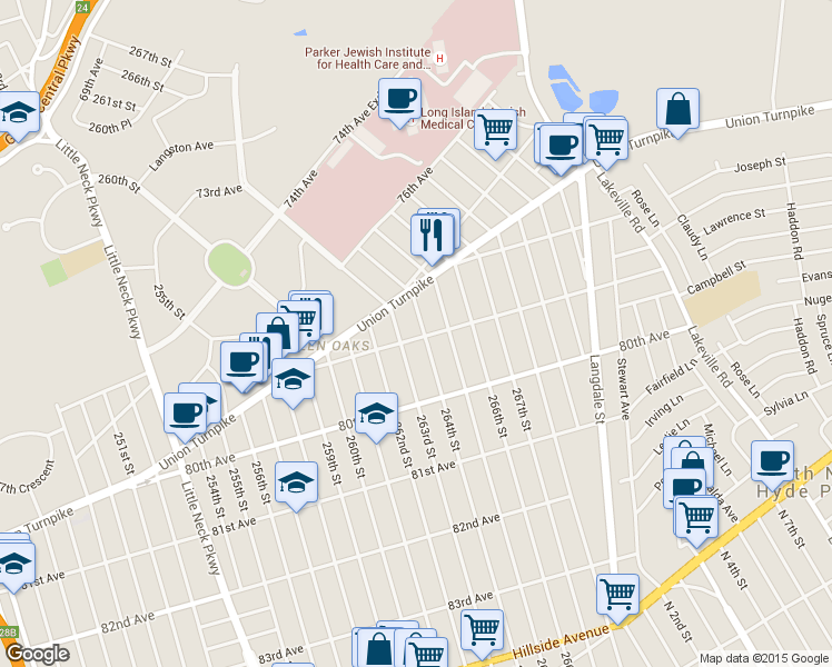 map of restaurants, bars, coffee shops, grocery stores, and more near 78-42 264th Street in Queens