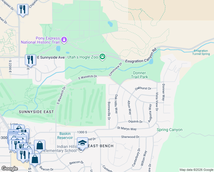 map of restaurants, bars, coffee shops, grocery stores, and more near 1016 Oak Hills Way in Salt Lake City
