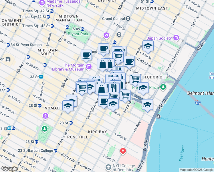 map of restaurants, bars, coffee shops, grocery stores, and more near 136 East 36th Street in New York