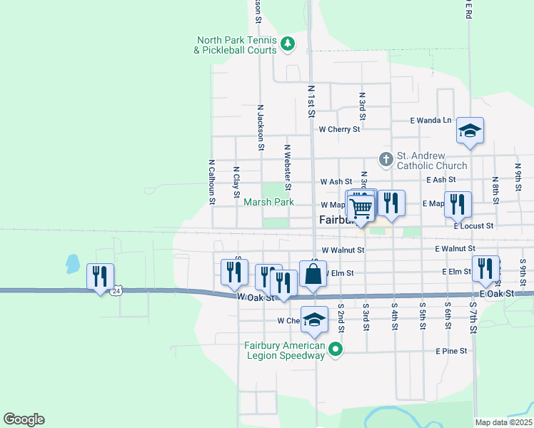 map of restaurants, bars, coffee shops, grocery stores, and more near 110 North Jackson Street in Fairbury