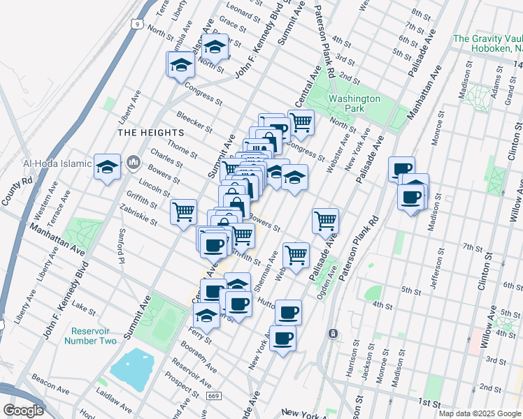 map of restaurants, bars, coffee shops, grocery stores, and more near 133 Cambridge Avenue in Jersey City