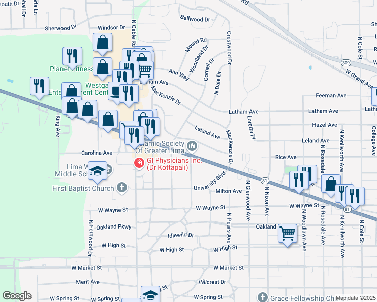 map of restaurants, bars, coffee shops, grocery stores, and more near 1800 Allentown Road in Lima