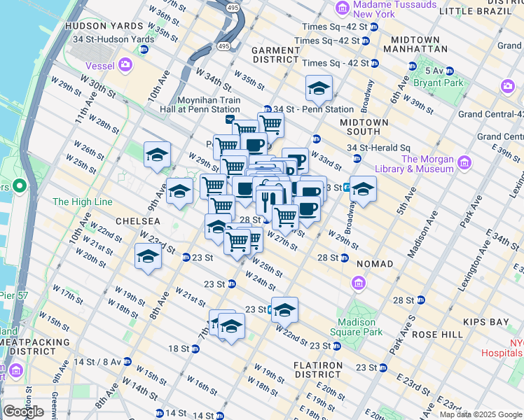 map of restaurants, bars, coffee shops, grocery stores, and more near 205 West 28th Street in New York