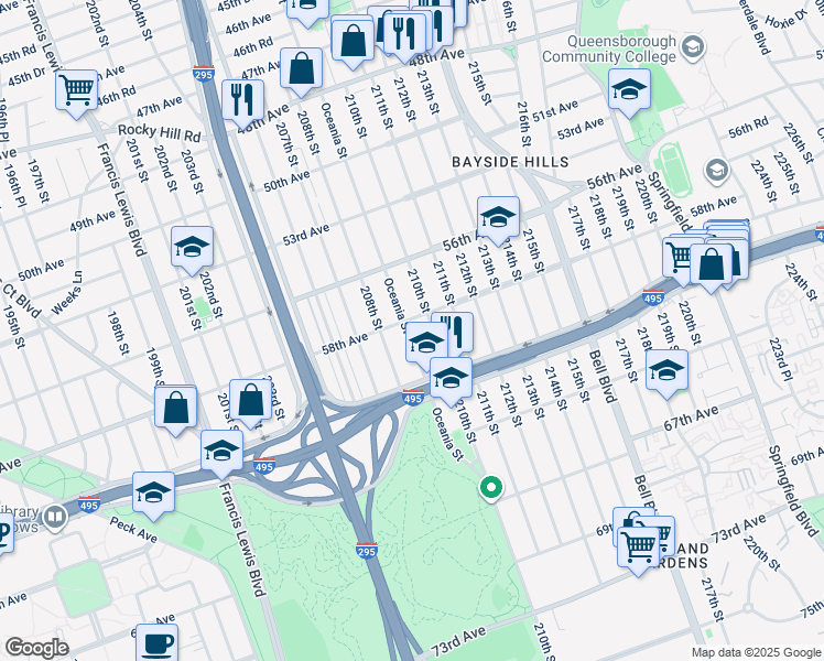 map of restaurants, bars, coffee shops, grocery stores, and more near 58-7 Oceania Street in Queens
