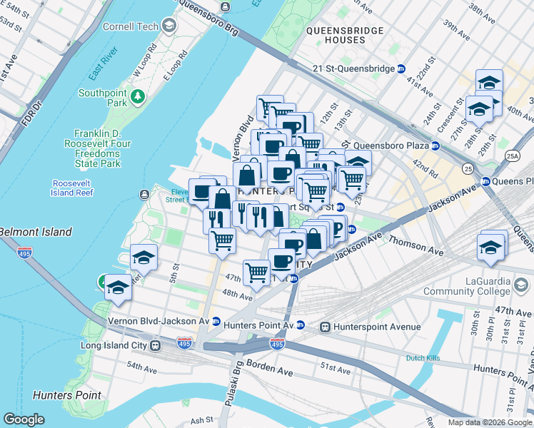 map of restaurants, bars, coffee shops, grocery stores, and more near 45-12 11th Street in Queens