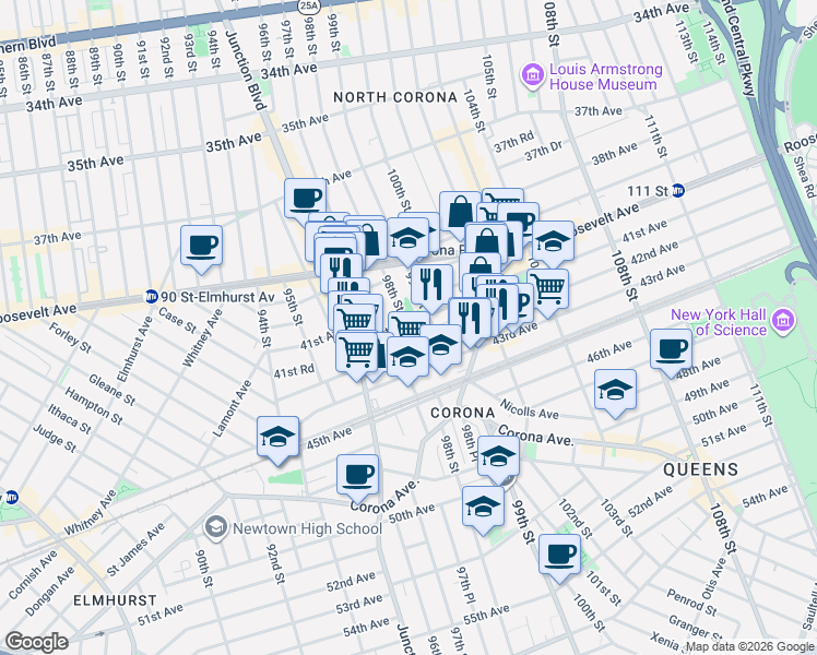map of restaurants, bars, coffee shops, grocery stores, and more near 98-12 41st Avenue in Queens