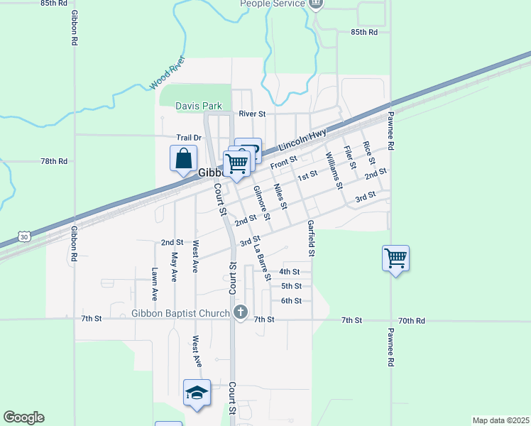 map of restaurants, bars, coffee shops, grocery stores, and more near 2nd Street in Gibbon